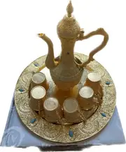 Vintage Metal Turkish Coffee Pot Set Turkish Tea Set with 6 Luxury cup -Gold