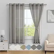 DWCN Sheer Linen Curtains Taupe with Tiebacks, Eyelet Semi Blended Sheer Curtains Privacy Vertical Window Curtains & Drapes with Light Through for Bedroom Living Room, Each W132cm x D160cm, Set of 2