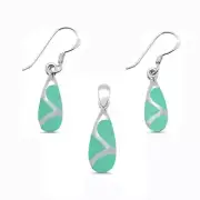 Turquoise Teardrop Shape Dangle Earring & Pendant .925 Sterling Silver Set