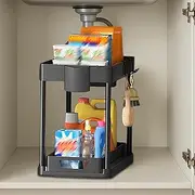Under Sink Organizer, 2-Tier Under Sink Storage, Sliding Pull-Out Kitchen Storage & Organisation with 4 Hooks & 2 Cups, Multi-Purpose Storage Shelf for Kitchen Bathroom