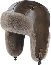 [haozaikeji] Unisex Winter Trapper Hats PU Leather Thermal Pilot Cap Faux Fur Thermal Russian Ushanka Fleece Lined Warm Windproof Skiing Cycling Skating Hat Outdoor Hunting Trooper Aviator Beanie Hat Women Men