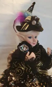 16" Halloween Elf Shelf Sitter Doll Mantel Decor Black & Gold Nicole Miller
