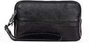 [FAOONNMY] Men Genuine Leather Clutch Bag Belt Holster with Wrist Strap & Belt Loop, Small Mobile Phone Zipper Handbag Waist Pouch, Black, One Size
