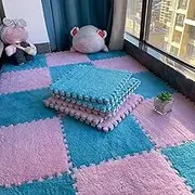 Milk Velvet Patchwork Rugs, 12x12in Square Plush Puzzle Foam Floor Mat Carpet, Carpet Puzzle Mats for Floor Fluffy, Interlocking Carpet Tiles (Blue+Pink,10 Pcs)