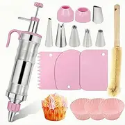 Cake Decorating Tool,16 pcs Icing Decoration Gun Set,Dessert Decorating Syringe Tools,6 Piping Nozzles,3Cream Scrapers,3 Cupcake molds,1cleaning Brush,Cupcake Frosting Filling Tools(Stainless Steel)