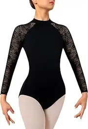 [DANSHOW] Womens Lace Ballet Leotard for Dance Mock Neck, Adult’s Water-drop Hollow Back Gymnastics Leotard Dancewear