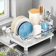 SanDream Dish Drying Rack, Dish Rack, Stainless Steel Dish Drainer for Kitchen Counter, Dish Rack with Draining Tray & Cutlery Utensil Holder, Kitchen Storage & Organisation(White)