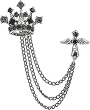[Frodete] Cross Crown Long Chain Brooch Retro Crystal Pins Collar Pin Suit Badge Pin Rhinestone Tassel Brooch Pin Coat Tassel Chain Lapel Pins for Men's Suit Accessories