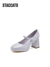在飛比找Yahoo!奇摩拍賣優惠-思加圖2023新款芭比鞋復古瑪麗珍鞋粗跟高跟鞋女皮婚鞋子S2