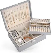 Benxdara Jewellery Box Organiser for Women Girls, 2 Layers Large Jewelry Storage Case with Removable Tray, PU Leather Lockable Jewellery Boxes Holder for Rings Earrings Necklace Bracelets Watch, Grey