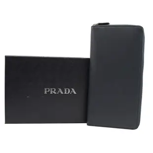 PRADA 2ML220 烙印LOGO防刮牛皮護照寬版拉鍊長夾.深藍