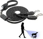 Wigzi - 2025 Edition -Dual Doggie Flex Walk with LED Two Dog Leash. 360 Degree no Tangle, Thick Durable Reflective Ropes, Silicone Extra Soft Comfort Handle, 6ft, Color Black, 5lbs-175 lbs Dogs OK