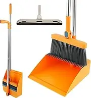 3Pcs Floor Sweeping Set with Long Handle 180°Rotating Floor Broom Squeegee Dustpan Set Foldable Stand Dustpan and Broom Combo with Comb Teeth Squeegee Broom for Kitchen Office Home Floor (Orange)