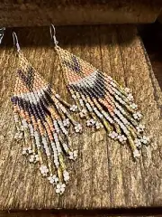 Handcrafted Bohemian Navajo Seed Bead Dangle Earrings with Peach Brown Accents -