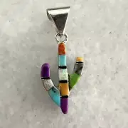 925 Silver Genuine Multi Color Stone & Opal Reversible Saguaro Cactus Pendant