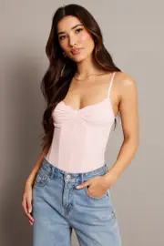 Pink Mesh Bodysuit Singlet Lace Insert - Size 14, Women's Bodysuit