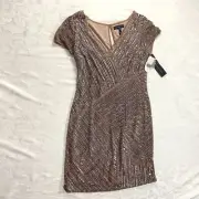 Aidan Mattox Women's Dark Rose Short Sleeve Beaded V-Neck Shift LinedDress Sz 8