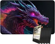 RWUTYTIUL for MTG Card Playmat and 100 Count Card Sleeves Set, TCG Playmat Desk Mats 24 X 14 Inch, Stitched Playmat for Commander Board RPG CCG Game Magic The Gathering, Play Mat, Purple Dragon