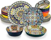vancasso Dinner Sets for 6 People, Simi Dinnerware Dish Set Artisanal Pieces with 10.5in Dinner Plate, 8.5in Dessert Plate, 780ml Pasta Bowl and 950ml Cereal Bowl, Boho Colourful Tableware