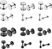 [LOCCY] 12 Pairs Mens Studs Earrings, Stainless Steel Men Earring Round Stud Earrings Screw Flat Back Earring Fake Tunnel Plug Piercing for Mens Women Boys Girls, 3-8mm
