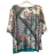 Chicos Size 2 Large 12-24 Knit Top Purple Paisley Overlay 3/4 Slv NWT