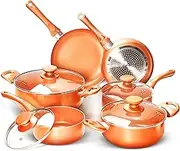 RUITEAM 10pcs Cookware Set, Kitchen Cooking Set, Ceramic Nonstick Soup Pot/Milk Pot/Frying Pans | Copper Aluminum Pan with Lid, Induction Gas Compatible, 1 Year Warranty Mothers Day Gifts for Wife