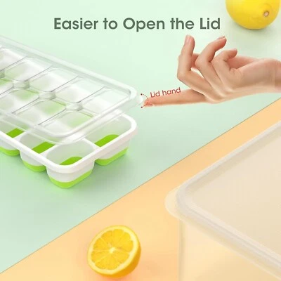 Ice Cube Tray with Lid and Bin, 4 Pack Silicone Plastic Cubes Trays for Freezer
