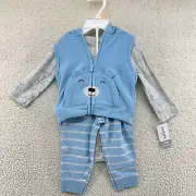 Carters Boys 12 Mths 3 Pc Set Carolina Blue Pants Hooded Vest Gray 1-Pc Polar
