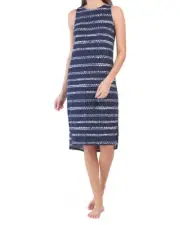 NWT Jaclyn Intimates Navy Blue/White SHIBORI PETALS Knit HI-LOW Nightgown XL
