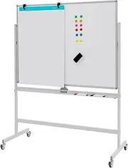 Costway 90 x 120 cm Mobile Magnetic Whiteboard, Double-Sided Reversible & Lockable Free-Standing Whiteboard, Adjustable-Height, 360° Rolling Dry Erase Board with Flip Chart for School, Office, Home