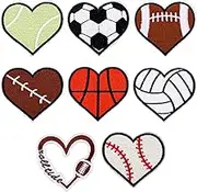 8pcs Heart Shaped Sports Ball Patches, Heart Patches Baseball Football Tennis Rugby Basketball Patches Embroidered Patches Sports Iron on Patches for Clothing Jeans Jackets Hats