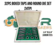 32pc Boxed Tap & Die Set 24 TPI - [1/4"-3/4"] Carbon Steel suit Harley & Indian