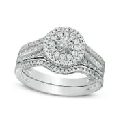 0.50 CT. T.W. Natural Diamond Double Frame Multi-Row Bridal Engagement Ring Set in Solid 10K White Gold