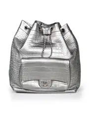 2019 Silver Calfskin Croc Embossed Drawstring Backpack