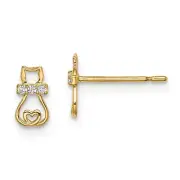 Madi K Kid's Earrings 14k Yellow Gold White CZ Cat with Heart Tail Post