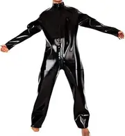 [DAIJES] Black Loose Latex Catsuit with Long Sleeves Front to Crotch Zip Rubber Bodysuit Overall Zentai Body Suit