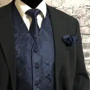 NAVY XS to 6XL Paisley Tuxedo Suit Dress Vest Waistcoat & Neck tie & And Hankie