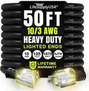 50FT SJTW Indoor/Outdoor Extension Cord - Heavy-Duty, Lighted End, 10 Gauge