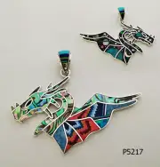 CELESTIAL TURQUOISE/MULTICOLOR OPAL SPINY PAUA INLAY .925 SILVER DRAGON PENDANT