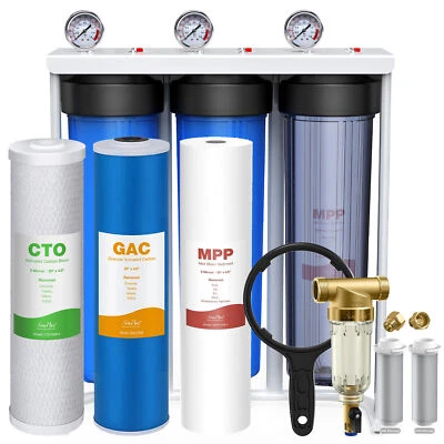 3-Stage 20" Whole House Big Blue Water Filter System Spin Down Sediment GAC CTO