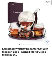 Kemstood Whiskey Decanter Globe Set w/ 4 Etched Globe Whisky Glasses For Liquor
