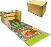 Toy Car Storage Box with Foldable Car Rug Play Mat – 15x10x10 Inch Collapsible Organizer Bin and Garage Basket for Hot Die-Cast Wheels Vehicles and Modle Cars (Cars Not Included)