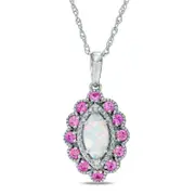 Marquise Lab-Created Opal, Pink and White Sapphire Scallop Frame Pendant in Sterling Silver