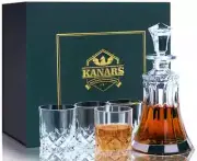 KANARS Crystal Whiskey Decanter Set w/ 4pcs Liquor Scotch Glasses