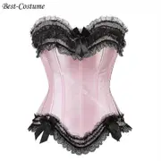 Corset Bustier For Women Satin Overbust Corset Bodysuit Shaper Size Lace Bowknot Corsets Black-Pink 4XL