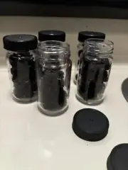 15 Pack 2 Oz Glass Shot Mini Bottles W/ Black Lids & 15 Labels Small Clear Jar