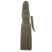 Set: Sleeveless Hooded Plain Slit Maxi Sheath Dress + Arm Sleeves Khaki - S