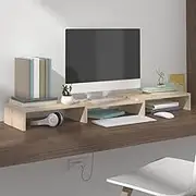 Monitor Stand Solid Pine Wood with Adjustable Length for Desk, Media Storage, TV, Entertainment Center, Bedroom, Rustic Style (80x24x10.5 cm)
