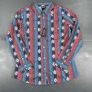 Wrangler Retro Shirt Womens Large Blue Red Aztec Sawtooth Brushpopper NWT