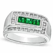 Men's Lab-Created Square-Cut Emerald and 0.25 CT. T.W. Diamond Ring in Solid 10K White Gold